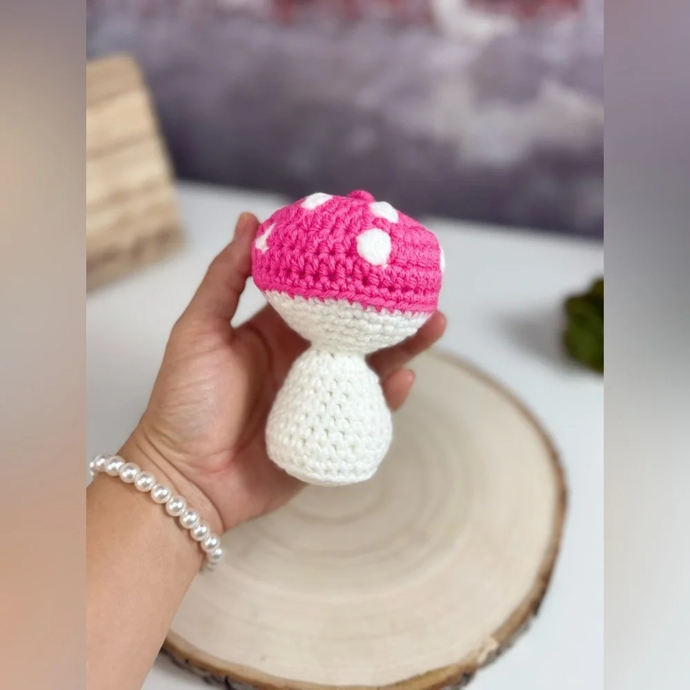 Handcrafted Mushroom Pink and White Crochet Keychain